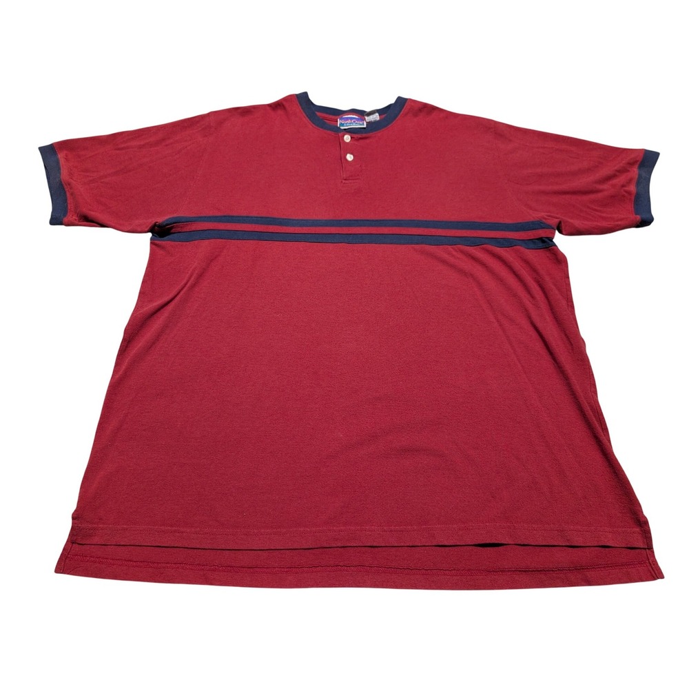 NorthCrest Henley Shirt‎ Mens XLT Red Navy Blue Striped Short Sleeve Vintage